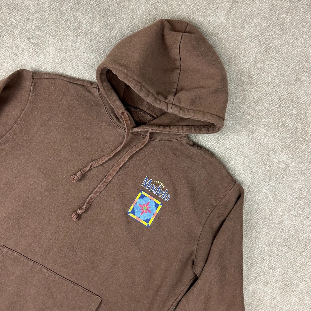 Cerveza Modelo Beer Hoodie Mens M Brown Logo Drawstring Fleece Lined Pullover